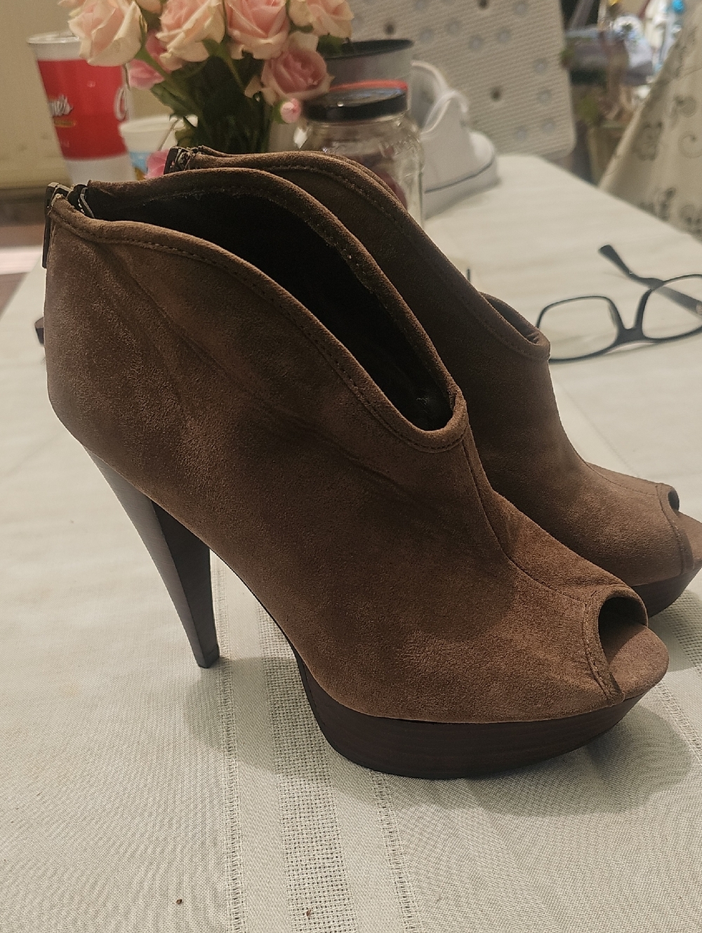 Carlos by Carlos Santana Brown Suede Peep-Toe High Heel Booties
